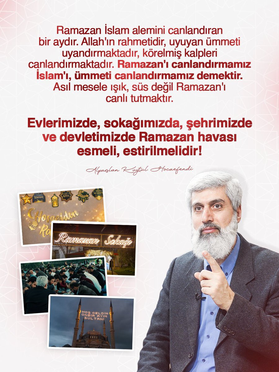 Ramazan İslam alemini canlandıran bir aydır. Ramazan'ı canlandırmamız İslam alemini canlandırmamız demektir. Evlerimizde, sokağımızda, şehrimizde ve devletimizde Ramazan havası esmeli, estirilmelidir!

RamazanRuhunu Yaşat
#RamazanRuhunuYaşat