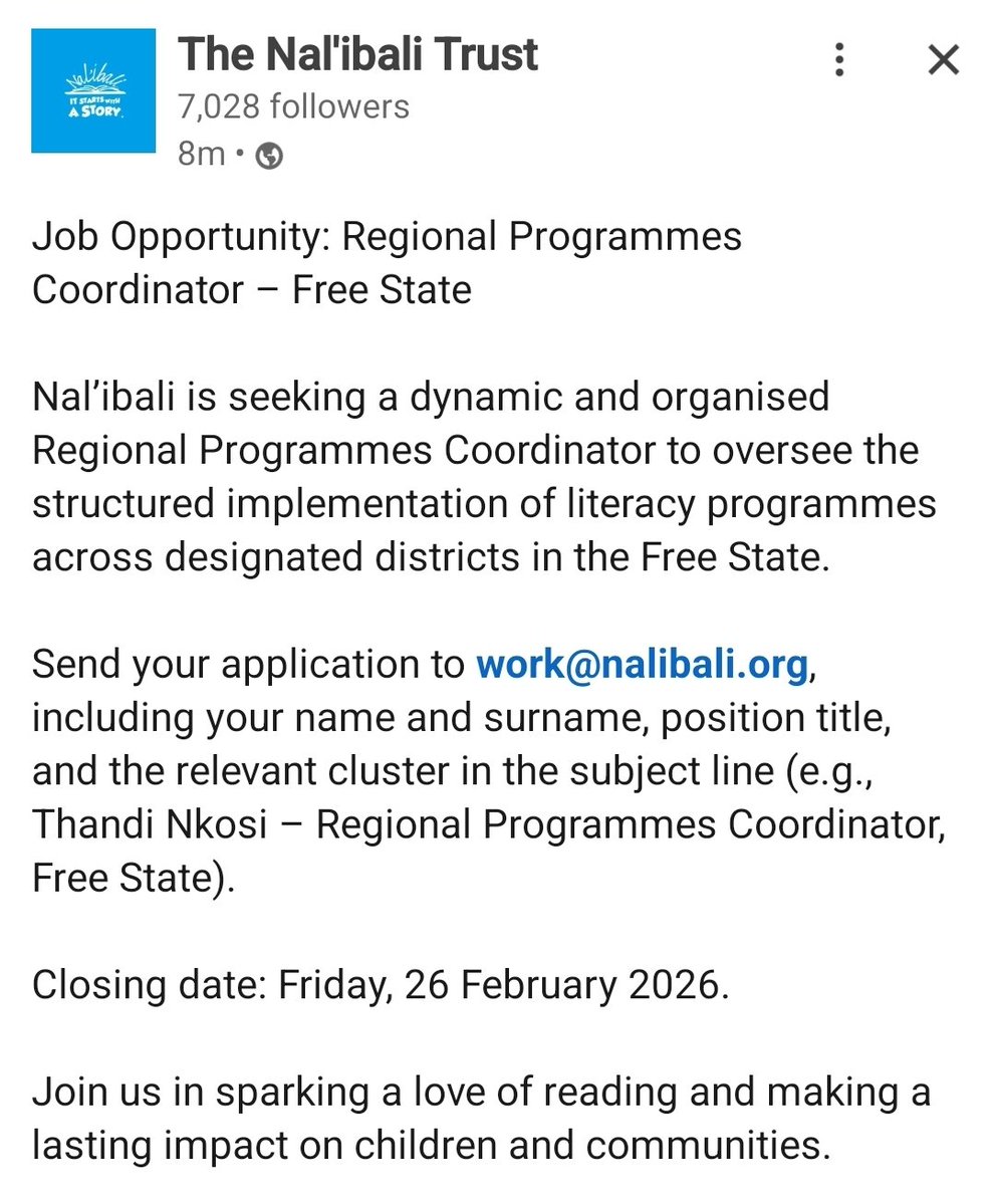 Here's an opportunity for working for <a href="/nalibaliSA/">Nal'ibali</a> at the Free State.