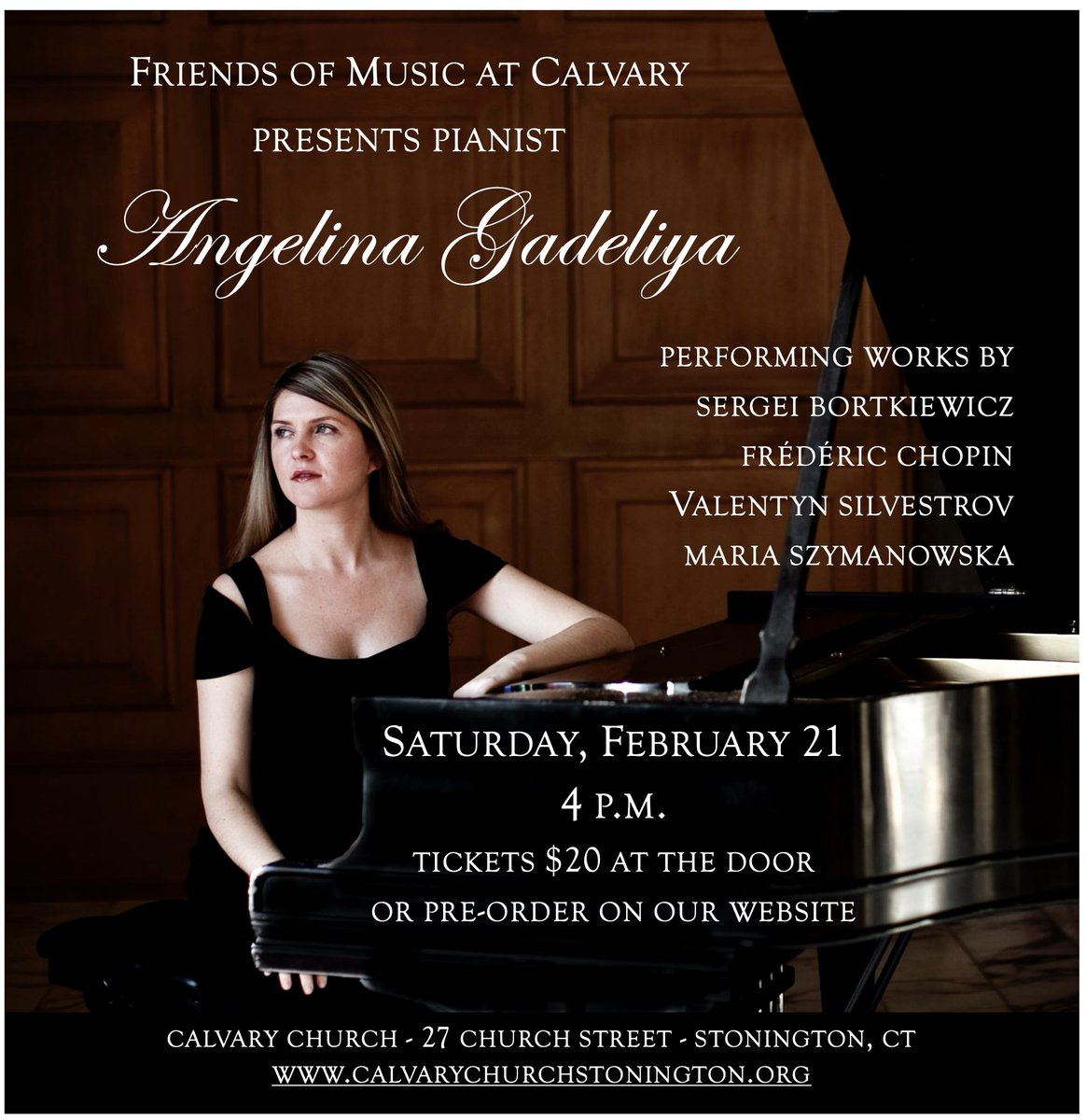 UConn piano professor, Dr. Angelina Gadeliya, is performing a solo recital of virtuosic works by Bortkiewicz, Chopin, Szymanowska, and Silvestrov at Calvary Church in Stonington, CT on Feb. 21st at 4 pm.
calvarychurchstonington.org

#uconnpiano #uconnsfa