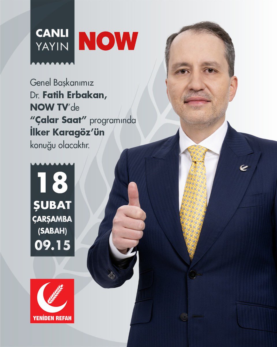 📡CANLI YAYIN

Genel Başkanımız Dr. Fatih Erbakan, 
18 Şubat Çarşamba saat 09.15’te NOW TV’de İlker Karagöz’ün sorularını yanıtlayacak.