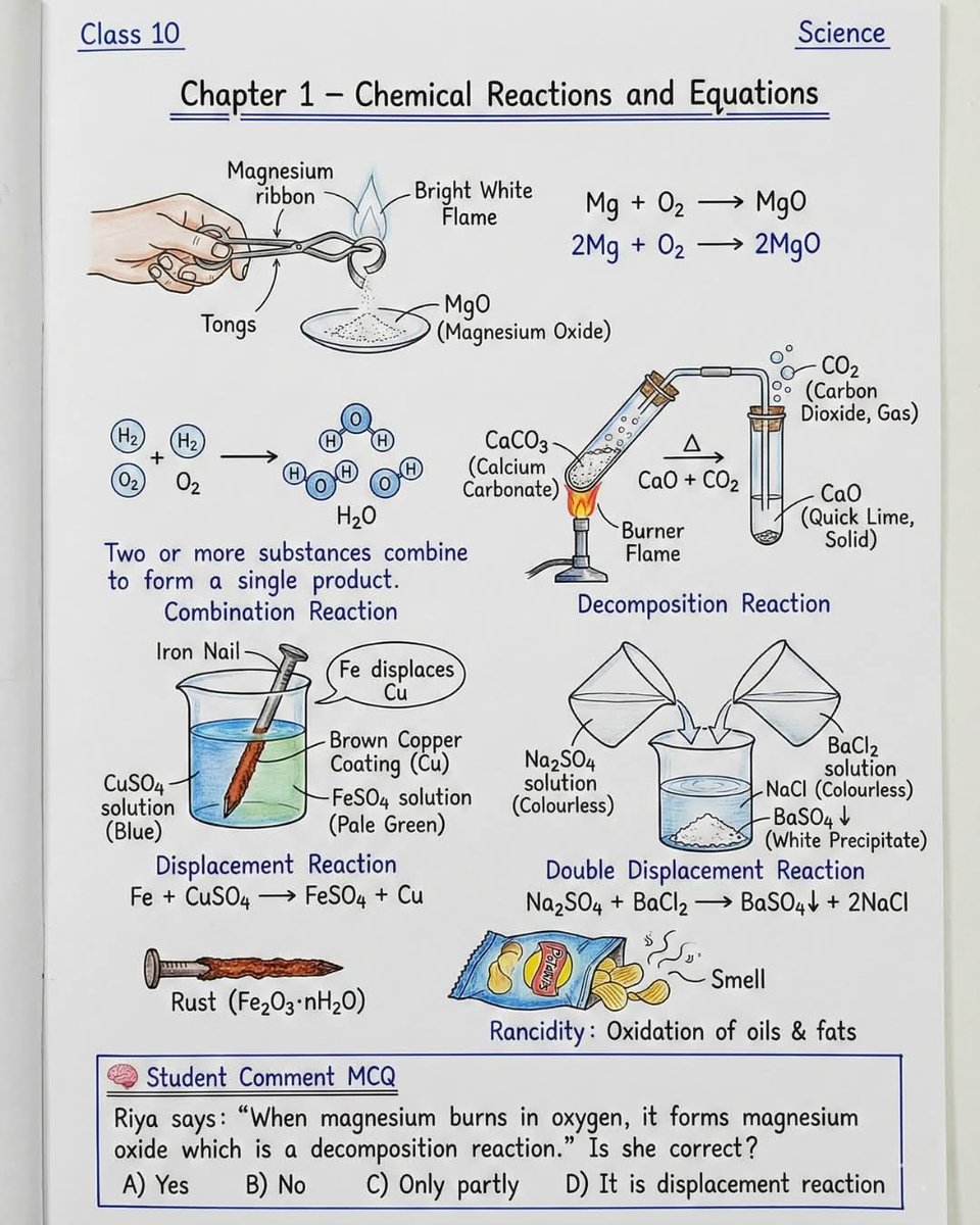 skglearning's tweet image. Chemical Reactions Made Easy ⚗️🔥

Revise combination, decomposition, displacement, double displacement reactions, corrosion, and rancidity with clear equations and examples. Perfect for quick board exam revision!

#ChemicalReactions #ChemistryRevision #ScienceNotes