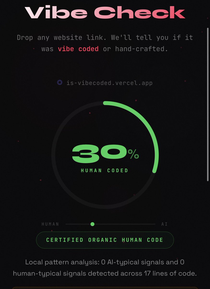 OdaneGibson's tweet photo. @Param_eth This website analyzed its own code and said
“I’m kinda human bro”
30 percent. https://t.co/TAffpVIWAE