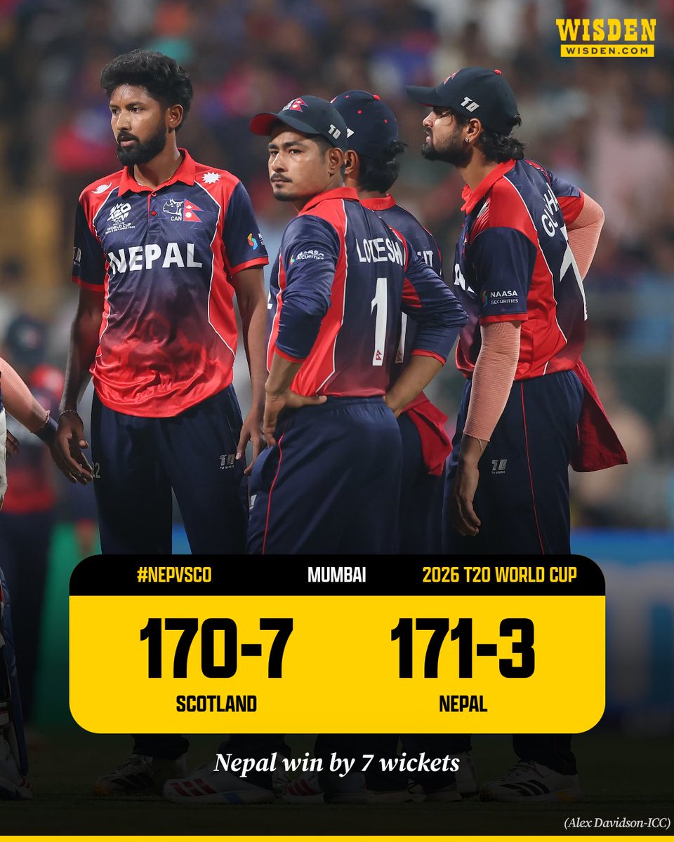 WisdenCricket's tweet photo. Dipendra Singh Airee’s late surge guides Nepal to their first win of the 2026 T20 World Cup 🇳🇵

#NEPvSCO #T20WorldCup https://t.co/HQz2Jgzwfx