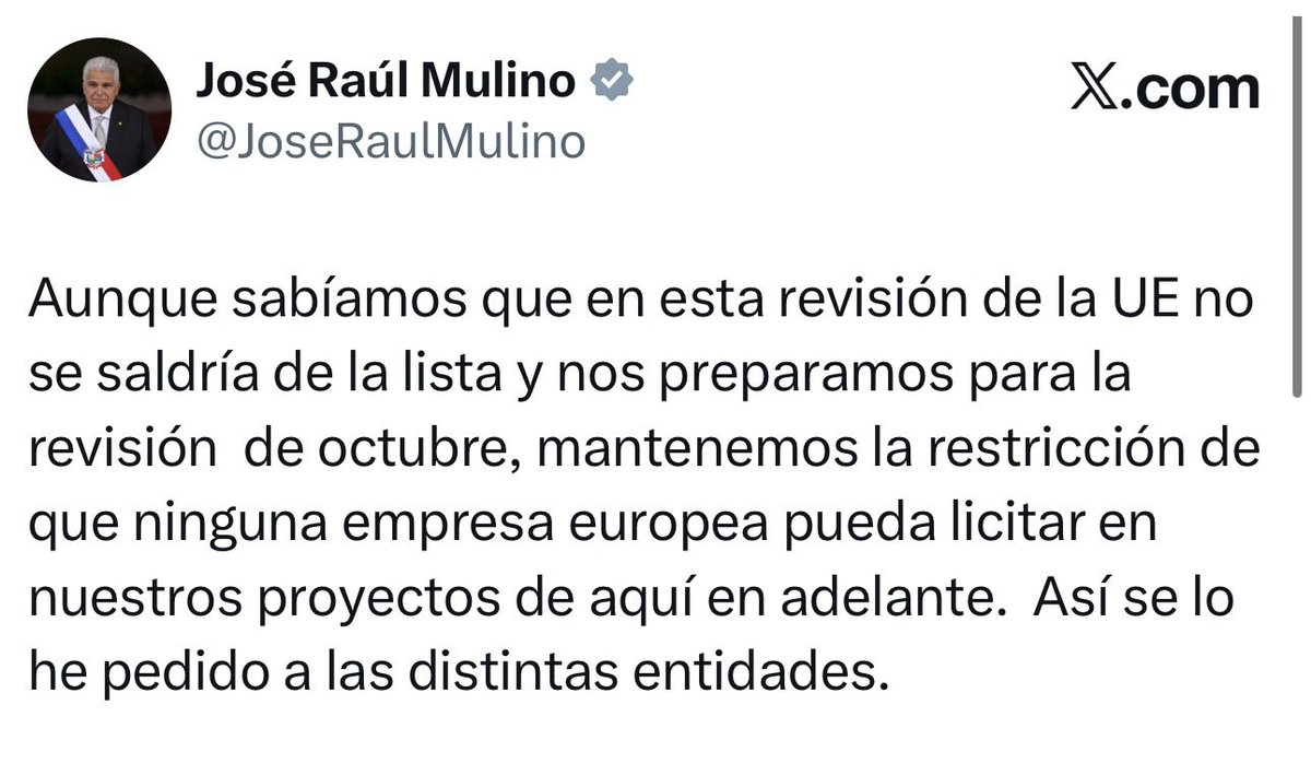#LoÚltimo | Mulino responde a la Unión Europea: “Ninguna empresa europea pueda licitar en nuestros proyectos de aquí en adelante.  Así se lo he pedido a las distintas entidades. Aunque sabíamos que en esta revisión de la UE no se saldría de la lista y nos preparamos para octubre”