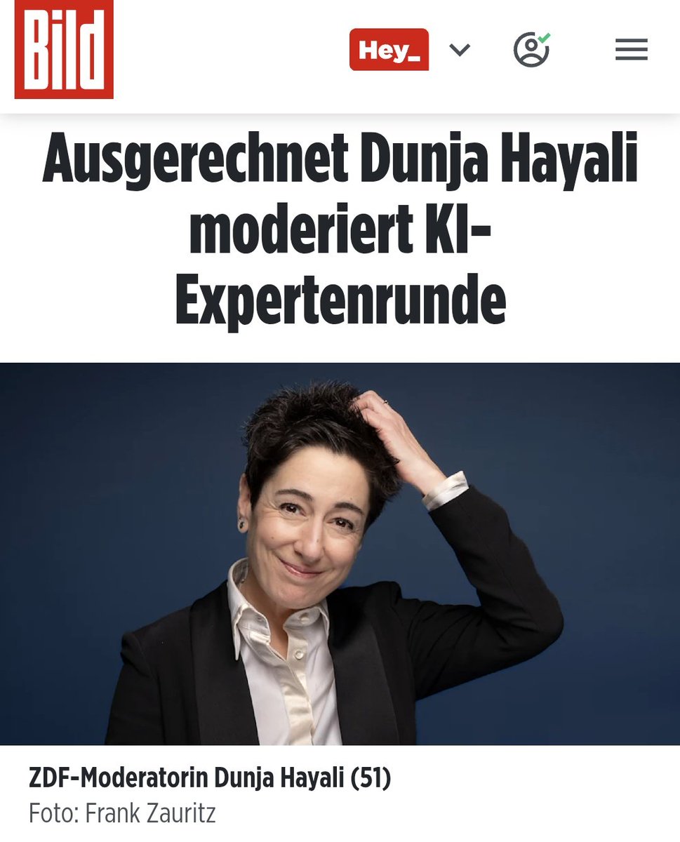 Na klar: Gestern servierte  sie uns mit KI gefälschte Bilder im ZDF heute Journal, nächsten Montag wird Dunja Hayali eine Expertenrunde zum Thema Künstliche Intelligenz moderieren... Noch Fragen?
