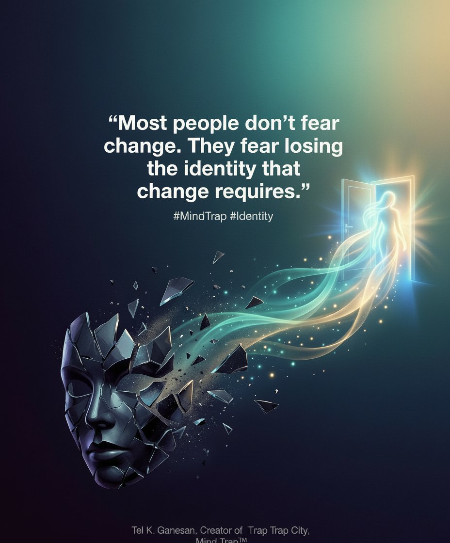 Telkganesan's tweet image. Most people don't fear change. They fear losing the identity that change requires. #MindTrap #Identity