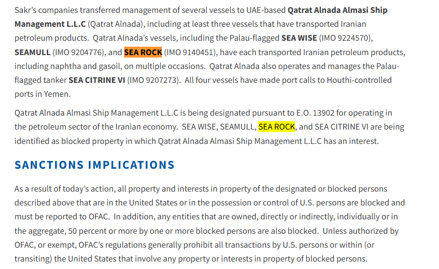 GuledWiliq's tweet photo. 🚨INTEL | Maritime Security & Sanctions Briefing
AIS tracking confirms that SEA ROCK (IMO 9140451)-a vessel sanctioned by U.S. Treasury under E.O. 13902 for transporting Iranian petroleum as part of Tehran’s shadow fleet-called at Mogadishu Anchorage on Feb 7 and remained several days before departure on Feb 11. The vessel is linked to the sanctioned network of Egyptian businessman Hatem Elsaid Farid Ibrahim Sakr and has previously transported Iranian oil products, including via Houthi-controlled ports in Yemen.

If Somali authorities knowingly permitted discharge or servicing of a blocked vessel tied to Iranian petroleum exports, this creates potential secondary sanctions exposure. U.S. policymakers should assess whether Mogadishu Port Authority officials or relevant members of the Hassan Sheikh government facilitated access, clearance, or cargo operations in violation of sanctions enforcement frameworks.
Cc @USTreasury @UnderSecTFI