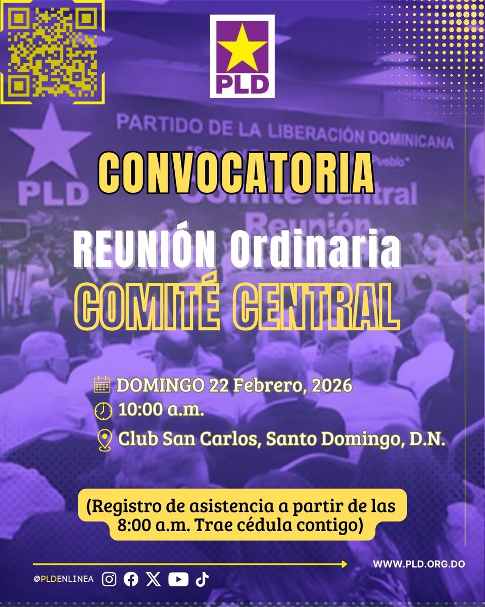 #DelPartidoPLD | CONVOCATORIA 
Reunión  Ordinaria  del #ComitéCentral del #PLD

🗓️ Domingo 22 febrero de 2026
🕓 8:00 a.m.
📍 Club San Carlos, Santo Domingo, Distrito Nacional
____
(Registro de asistencia  a partir de las 8.00 a.m.. Trae  cédula contigo)