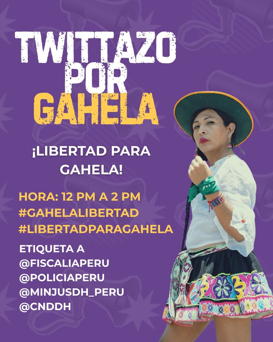 📣 ¡Hoy alzamos la voz por la justicia!
Gahela Cari se encuentra detenida de forma arbitraria y exigimos su libertad inmediata.
🕛 De 12:00 p.m. a 2:00 p.m. 
✊🏼 Súmate y hagamos que nuestra exigencia se escuche en todas partes.
<a href="/FiscaliaPeru/">Ministerio Público</a>
<a href="/PoliciaPeru/">Policía Nacional del Perú</a>
<a href="/MinjusDH_Peru/">Ministerio de Justicia y Derechos Humanos</a>

💜