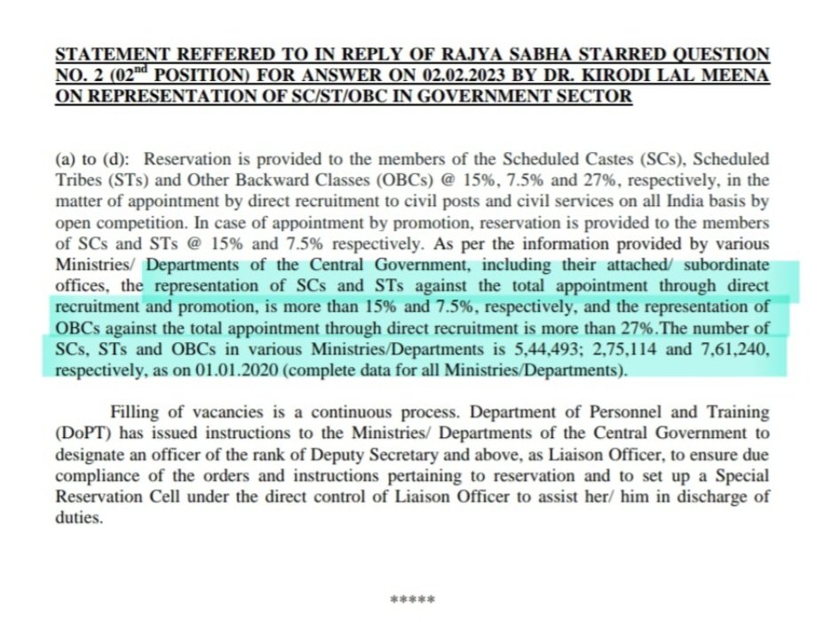 neha_laldas's tweet photo. Here is the Govt's reply in parliament (02-02-2023), which says👇
"All central govt jobs have SC/ST/OBC representation MORE THAN their reservation%."

Means there are enough SC/ST/OBC officers in UPSC services.

So either @thewire_in is lying or the government!
😂😂😂 https://t.co/et6Y2dYgdT