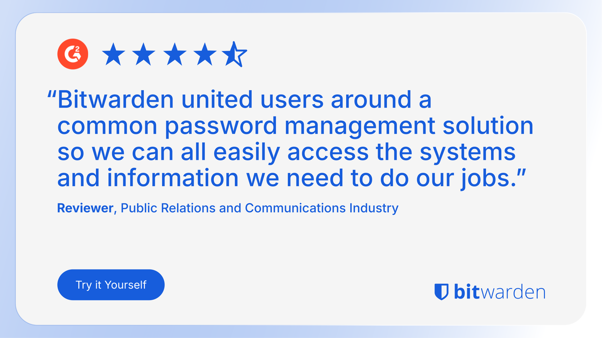Bitwarden's tweet image. Convenience and security should go hand-in-hand! See how Bitwarden can make your job easier with a free business trial: btwrdn.com/4bVlwBG #passwordmanager