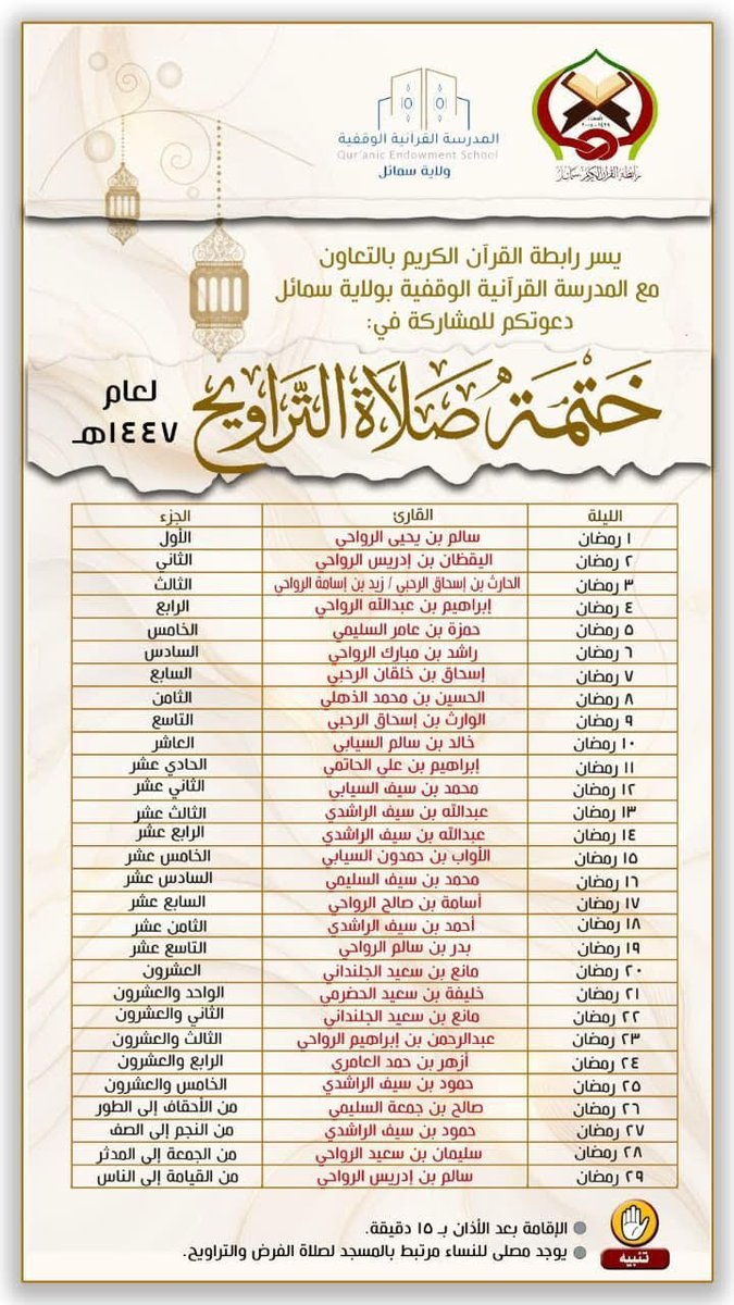 QuranSSchool's tweet photo. يسر رابطة القرآن الكريم بالتعاون مع المدرسة القرآنية الوقفية بولاية سمائل دعوتكم للمشاركة في :
               ختمة صلاة التروايح
 المكان: مسجد الماجد بقرن الجارية بولاية سمائل.
تنبيه:
- تقام الصلاة بعد الأذان بربع ساعة.
- ⁠يوجد مصلى للنساء مرتبط مع الإمام لصلاة الفرض والتراويح https://t.co/8OZ5EzR0iP