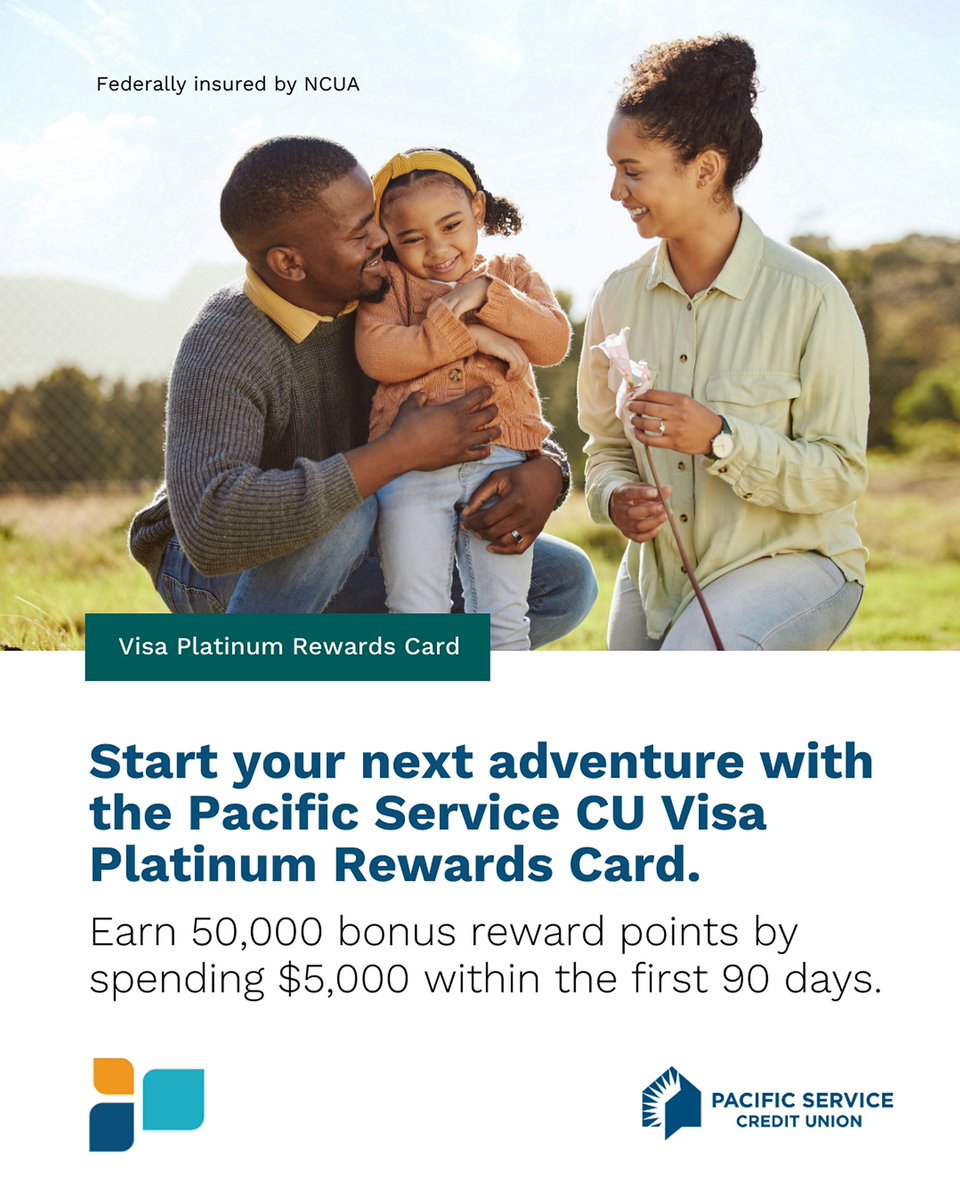 Start your next adventure with the Pacific Service CU Visa Platinum Rewards Card. Earn 50,000 bonus reward points by spending $5,000 within the first 90 days. Apply today! nuvi.me/5meg5w