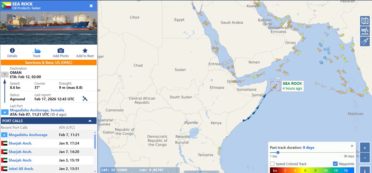 GuledWiliq's tweet photo. 🚨INTEL | Maritime Security & Sanctions Briefing
AIS tracking confirms that SEA ROCK (IMO 9140451)-a vessel sanctioned by U.S. Treasury under E.O. 13902 for transporting Iranian petroleum as part of Tehran’s shadow fleet-called at Mogadishu Anchorage on Feb 7 and remained several days before departure on Feb 11. The vessel is linked to the sanctioned network of Egyptian businessman Hatem Elsaid Farid Ibrahim Sakr and has previously transported Iranian oil products, including via Houthi-controlled ports in Yemen.

If Somali authorities knowingly permitted discharge or servicing of a blocked vessel tied to Iranian petroleum exports, this creates potential secondary sanctions exposure. U.S. policymakers should assess whether Mogadishu Port Authority officials or relevant members of the Hassan Sheikh government facilitated access, clearance, or cargo operations in violation of sanctions enforcement frameworks.
Cc @USTreasury @UnderSecTFI