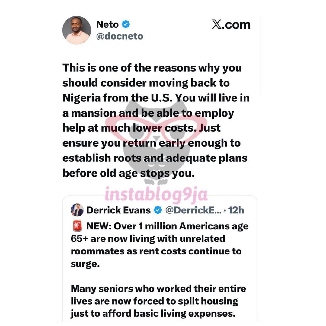 instablog9ja's tweet image. Using the current reality in USA, Dr Neto reveals why people should consider moving back to Nigeria