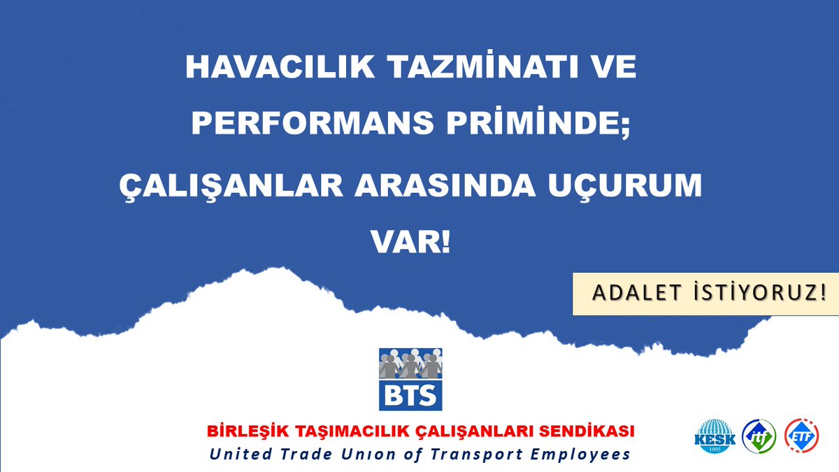 btsistanbul's tweet photo. Havacılık tazminatı ve performans priminde çalışanlar arasında uçurum var!
#18şubattaişyokeylemvar
@UABakanligi @tcbestepe 
@a_uraloglu
@dhmikurumsal
@ecakmakdhmi
@ITFglobalunion 
@ETF_Europe
@KESK1995
@BTSGENELMERKEZ 
@btshavacilik https://t.co/AkYQum0FoH