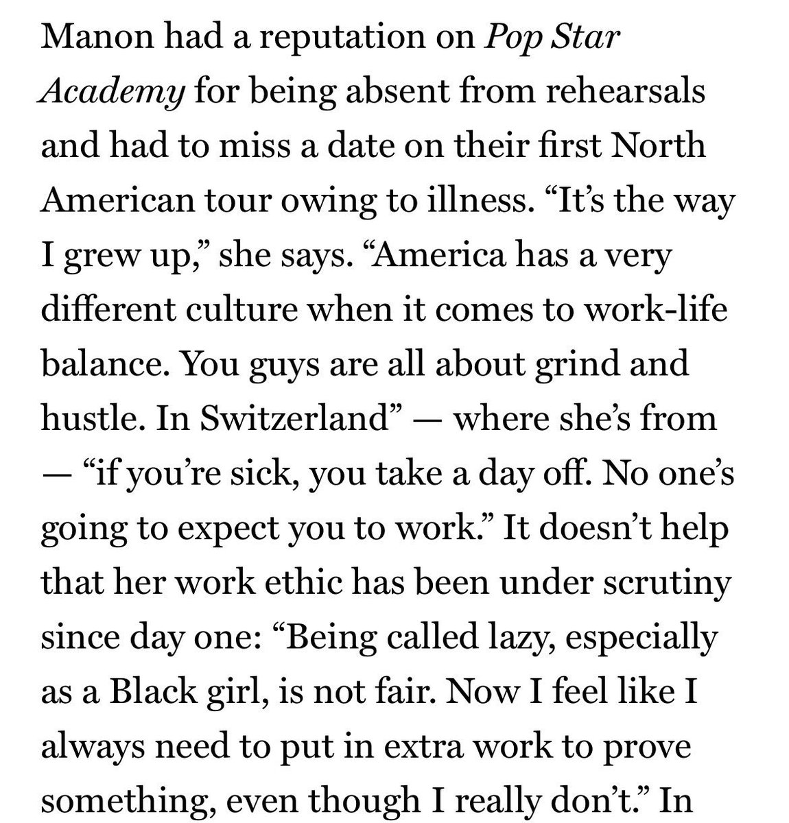 🌟 | #MANON speaks on the reputation given to her by PopStar Academy and the intense scrutiny she is under

“In Switzerland, if you’re sick, you take a day off. No one’s going to expect you to work. Being called lazy, especially as a Black girl, is not fair…. Now I feel like I