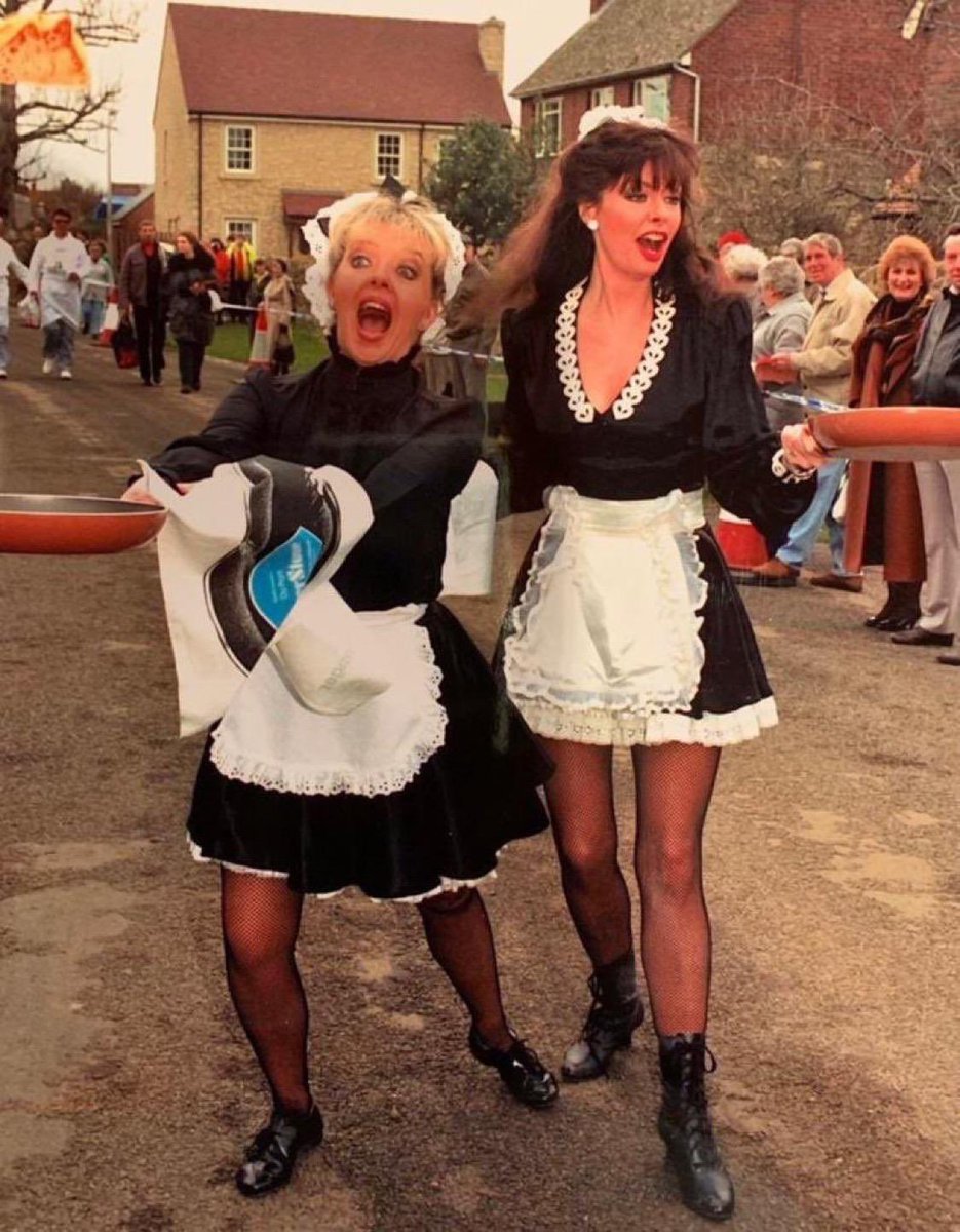 vickimichelle's tweet photo. It’s Pancake Day. Brilliant memory with Su Hodge in a Charity Pancake Race we did have fun #PancakeDay #ShroveTuesday @mimilabonqu #AlloAllo https://t.co/DvvF6SVFGP