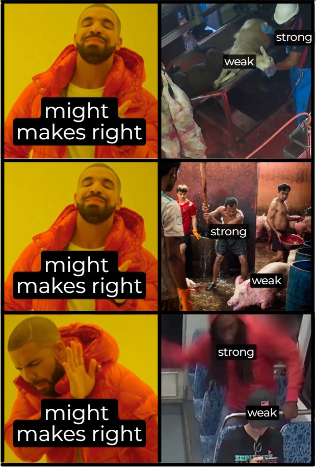 People think might does not make right when it comes to human issues, but act like might makes right when it comes to animal issues - double standards.