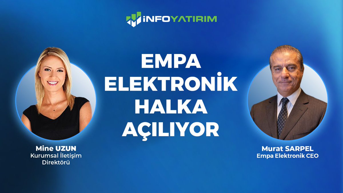 infoyatirim's tweet photo. Empa Elektronik @EMPAElectronics Şirketinin CEO'su Murat Sarpel, şirketin #halkaarz sürecini ve gelecek planlarını Kurumsal İletişim Direktörümüz Mine Uzun @mneuzunyol moderatörlüğünde sizler için anlattı!    

İzlemek için tıklayın:
▶️ https://t.co/RIkC9BjQBn

Kanalımıza abone olmak için: https://t.co/j160HoiV0j

 #EMPAE #empae #Borsaİstanbul #hissesenedi
