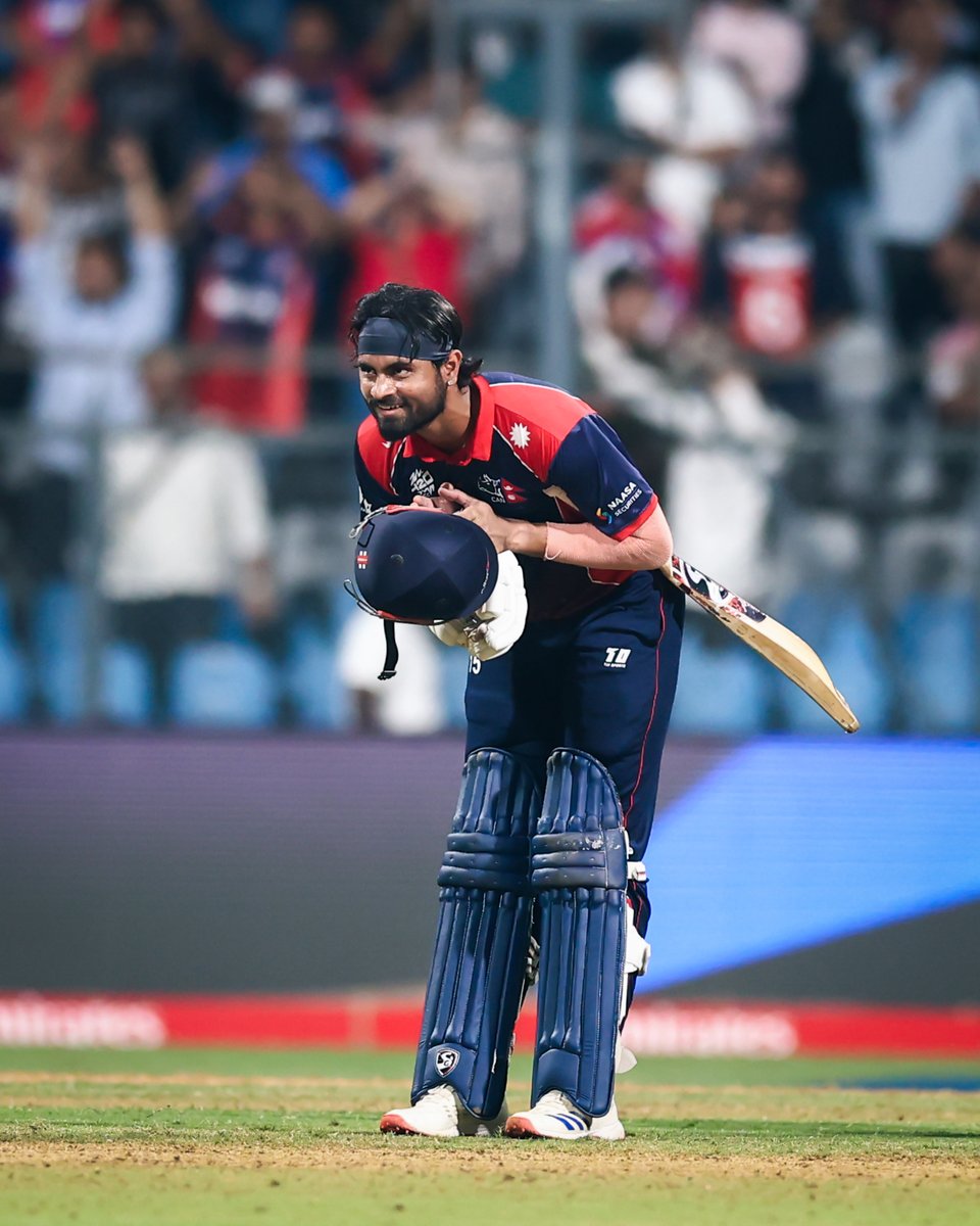 ESPNcricinfo's tweet photo. Nepal celebrate their first win at the #T20WorldCup since 2014! 🇳🇵 https://t.co/XCkLy6G8TI