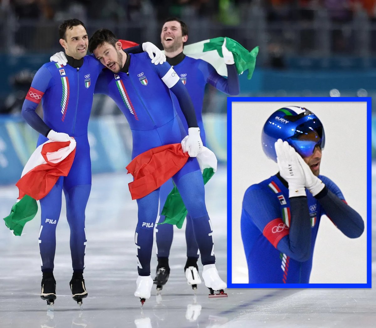 Questi tre eroi si chiamano Davide Ghiotto, Michele Malfatti, Andrea Giovannini e hanno appena vinto una clamorosa medaglia d'Oro alle Olimpiadi nell'inseguimento a squadre.
Tra loro c'è un grande appassionato di basket, è Andrea Giovannini.
Sul traguardo ha fatto un'esultanza