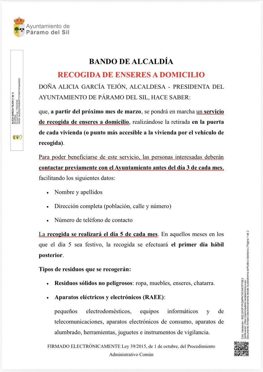 AytoParamo's tweet photo. 🔊 BANDO DE ALCALDÍA: RECOGIDA DE ENSERES A DOMICILIO‼️

✅ EL SERVICIO COMENZARÁ A PARTIR DE MARZO.

ℹ️ TODA LA INFO EN EL BANDO. https://t.co/NQn09puR2A