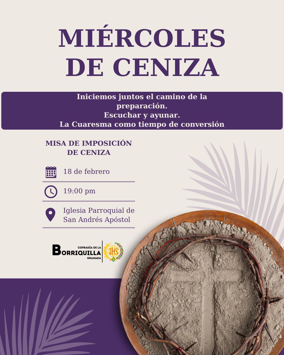 🗣️ Celebremos juntos el #MiércolesdeCeniza

🗓️18 de febrero ⌚️19h
⛪️San Andrés Apóstol

🔱Os compartimos el mensaje del Santo Padre León XIV 👉 borriquilla.es/celebremos-jun…

#BorriquillayPaz #Granada #Albayzín