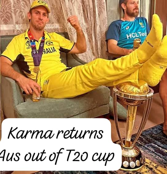 jatin25281's tweet photo. @HaydosTweets @RickyPonting @ImRo45 @imVkohli 

Karma and curse never die, they haunt you till the end.

Look the irony @ImMitchelmarsh  mitchel.. 
You kicked the cup# 2023
Now cup kicked u that too as a captian #2026 
And after 2023 did AUS win any cup @patcummins30 silencer ? https://t.co/bH7xtAftlA