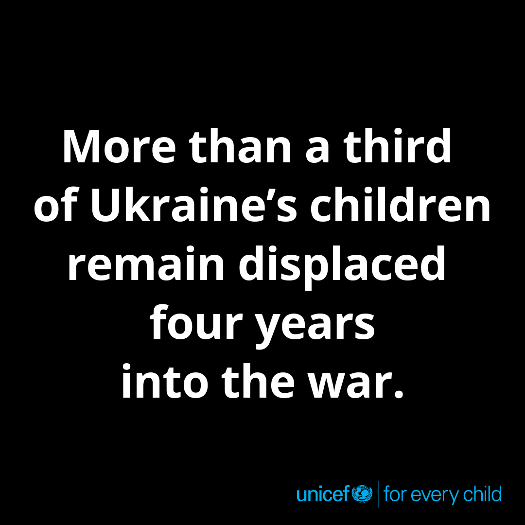 UNICEF's tweet photo. Over 2.5 million children remain displaced as the war in Ukraine enters its fifth year.

“For children in Ukraine, safety is increasingly hard to come by as attacks on civilian areas continue across the country.” - UNICEF ECARO’s Regina De Dominicis

More on UNICEF’s response and what children in Ukraine need: https://t.co/ipWcnpSGDE