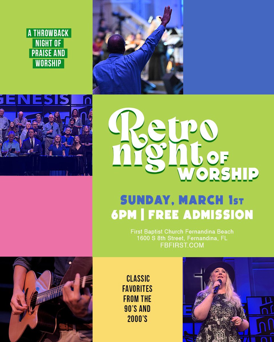 FBFernandina's tweet image. Retro Night of Worship | March 1 🎶
Join us for an evening of classic 90s &amp;amp; 2000s worship, led by choir &amp;amp; orchestra.

Doors 5:30pm | Worship 6pm
Free admission—everyone is welcome.
#FBFirst #RetroNightOfWorship