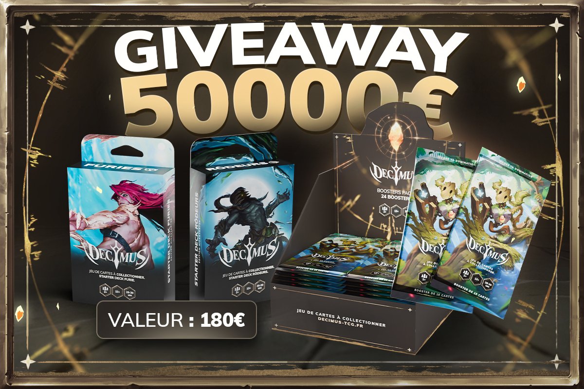 🎁 CONCOURS 🎁 

Vous avez tout cassé hier sur Kickstarter 🔥
Aujourd’hui, on vous remercie !

💎 À gagner : 1 Display + 2 Starter Decks (180€ de valeur)

Pour participer : 
🔁 Like + RT
👤 Follow <a href="/Decimus_TCG/">Decimus TCG</a> 
💬 Mentionne ton futur rival de jeu 

Tirage au sort le 20/02/2026