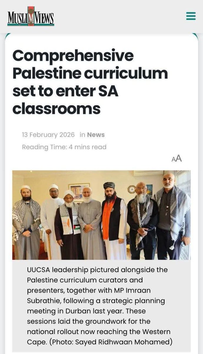 🇿🇦 🇵🇸 Palestine Curriculum in SA Classrooms⁉️

So now we hear that a “Palestine curriculum” is set to enter South African classrooms.

Serious question:
If this was a Christian curriculum, would it be accepted so quietly?
If it was an Israel or Jewish curriculum, would there be