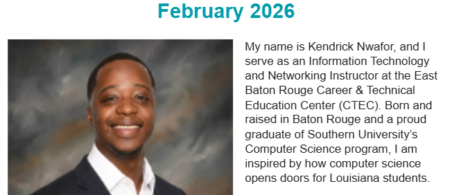 ebrpschools's tweet image. Shoutout to Kendrick Nwafor, information technology and networking Instructor at the EBR Career &amp;amp; Technical Education Center, for being featured in the Louisiana Department of Education Teacher February newsletter! 📷📷
#ebrschools #ldoe #ctec