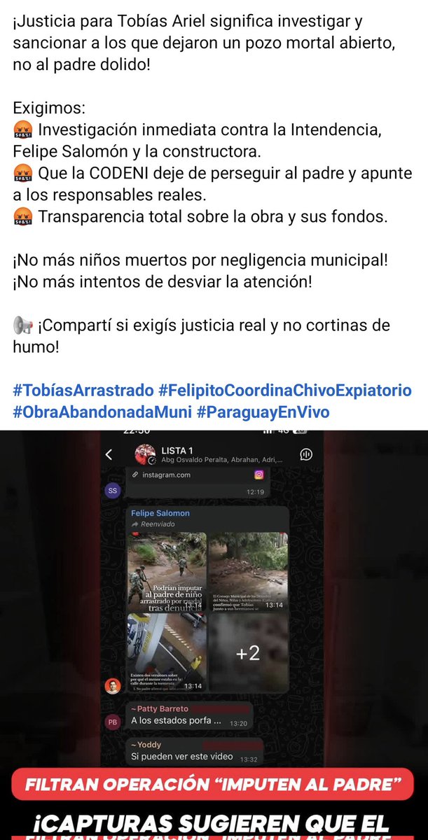 Filtran chat donde el Intendente de San Lorenzo Felipito Salomon opera con un grupo de aliados para instalar la culpa de la desaparición de Tobias.

Hay que ser HDP en serio