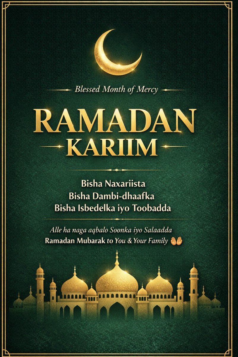 AhSheikh360's tweet photo. RAMADAN KARIIM

Bisha Naxariista
Bisha Dambi-dhaafka
Bisha Samirka &amp; Isbedelka

Alle ha naga aqbalo Soonka, Salaadda,
iyo Camalka Suuban.
Ha inaga dhigo kuwii ka faa’iidaysta barakada bishan barakaysan. 🤲🏽 https://t.co/UdHWzQAiH9