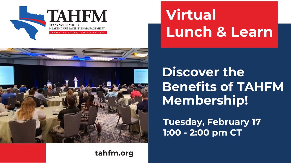 Join us for a Lunch &amp; Learn Webinar to discover the many benefits of TAHFM membership!

🗓 Date: Tuesday, February 17
⏰ Time: 1:00 – 2:00 pm CT
💻 Location: Virtual

Register now: us06web.zoom.us/webinar/regist….

#TAHFM #Membership Benefits #Webinar #HealthcareFacilitiesManagement #HFM