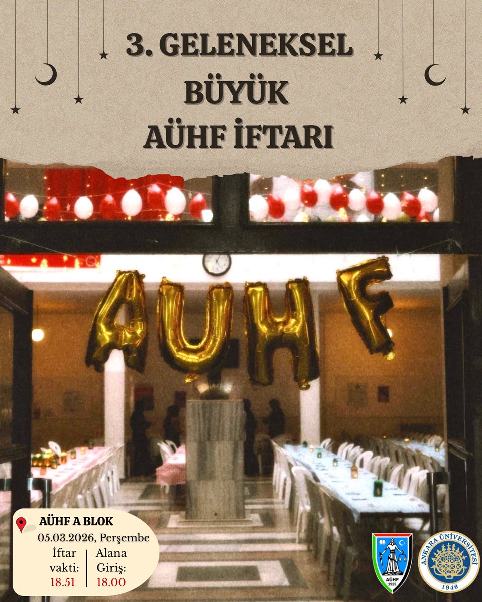 Sayın AÜHF öğrenci ve mezunları, heyecanla beklenen 3. Geleneksel Büyük AÜHF İftarını gururla sunarız. ✨🌿✨

Sizleri 5 Mart Perşembe günü Ankara Üniversitesi Hukuk Fakültesi Cebeci Yerleşkesi’nde görmek için sabırsızlanıyoruz. 

Katılım formu için iletişime geçebilirsiniz.