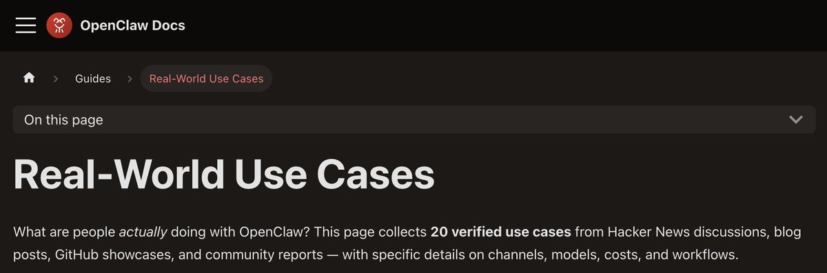 20 verified, real-world OpenClaw use cases 🛠️
clawdocs.org/guides/use-cas…