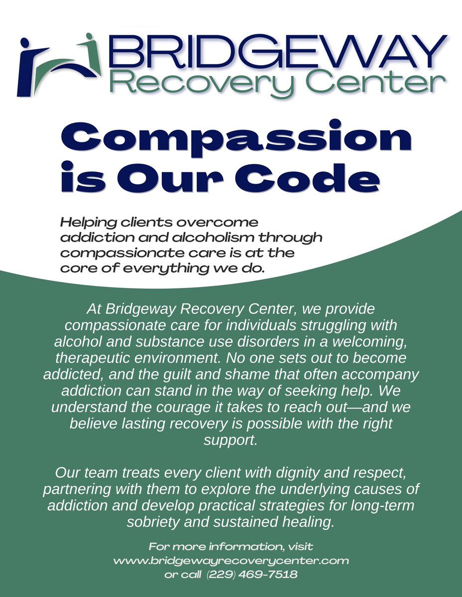 BridgewayCenter's tweet photo. 💜 Compassion is our code! 💜
For more information or to schedule an assessment, please call us at (229) 469-7518 or find us online at https://t.co/Bld1WpkzLT
#outpatientrehab #addictiontreatment #alcoholtreatment https://t.co/e0anyGCuRZ