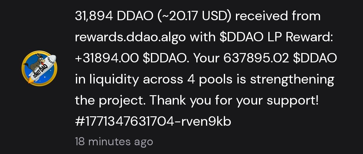 Ooga booga! Fresh weekly LP meat for $DDAO cave <a href="/Donkey_DAO/">DonkeyDAO.algo</a> just fall from sky! 😍💪

<a href="/Its_Ha_Dost/">Dost</a> still smash big club, never stop rolling! GRRRR
