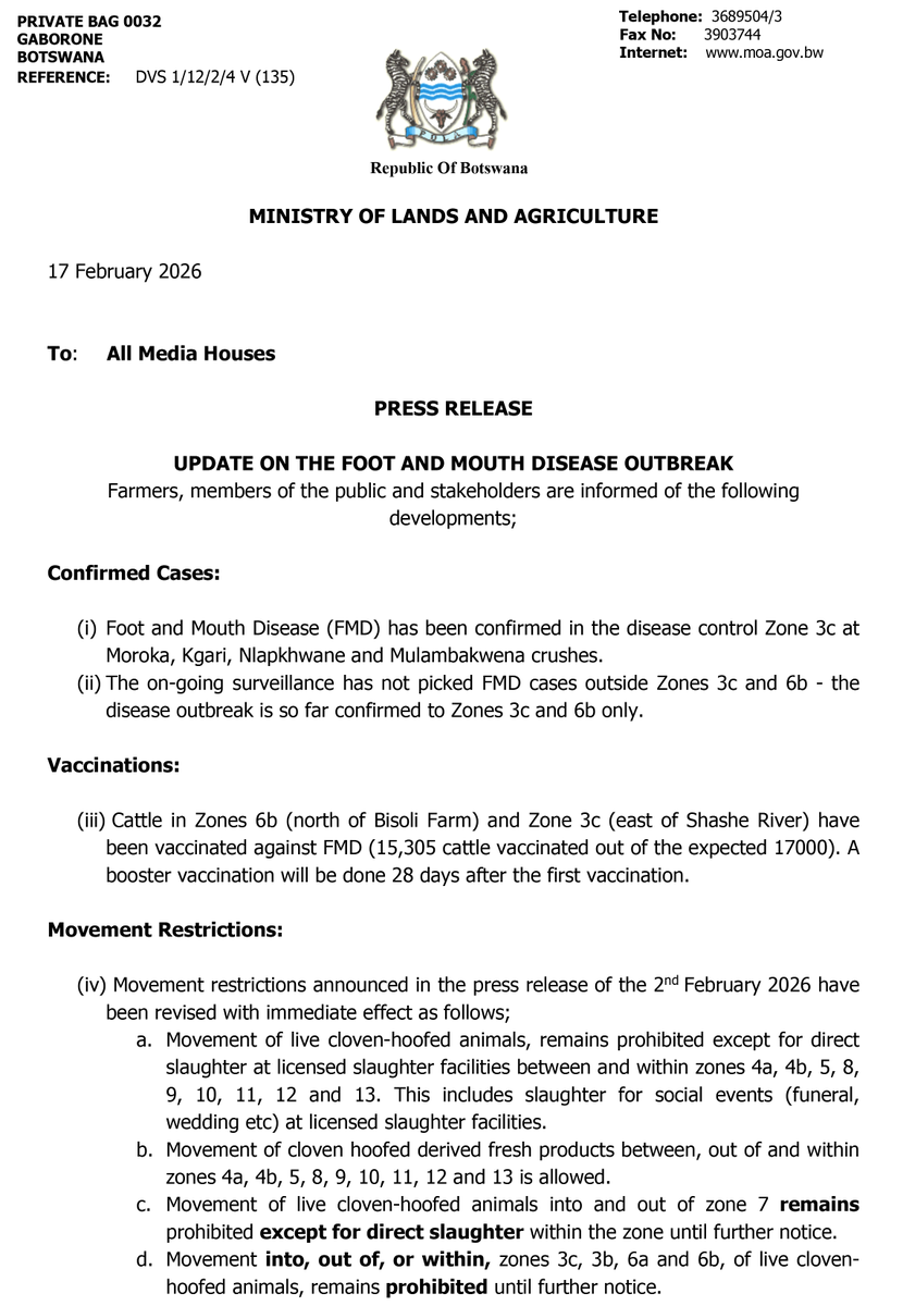 BWGovernment's tweet photo. UPDATE ON THE FOOT AND MOUTH DISEASE OUTBREAK
For more information contact: 3934505 or 3934510
Toll free: 0800600130
WhatsApp: 77702971
Email: fmdneoc@gov.bw https://t.co/gDrZ1qM9vd