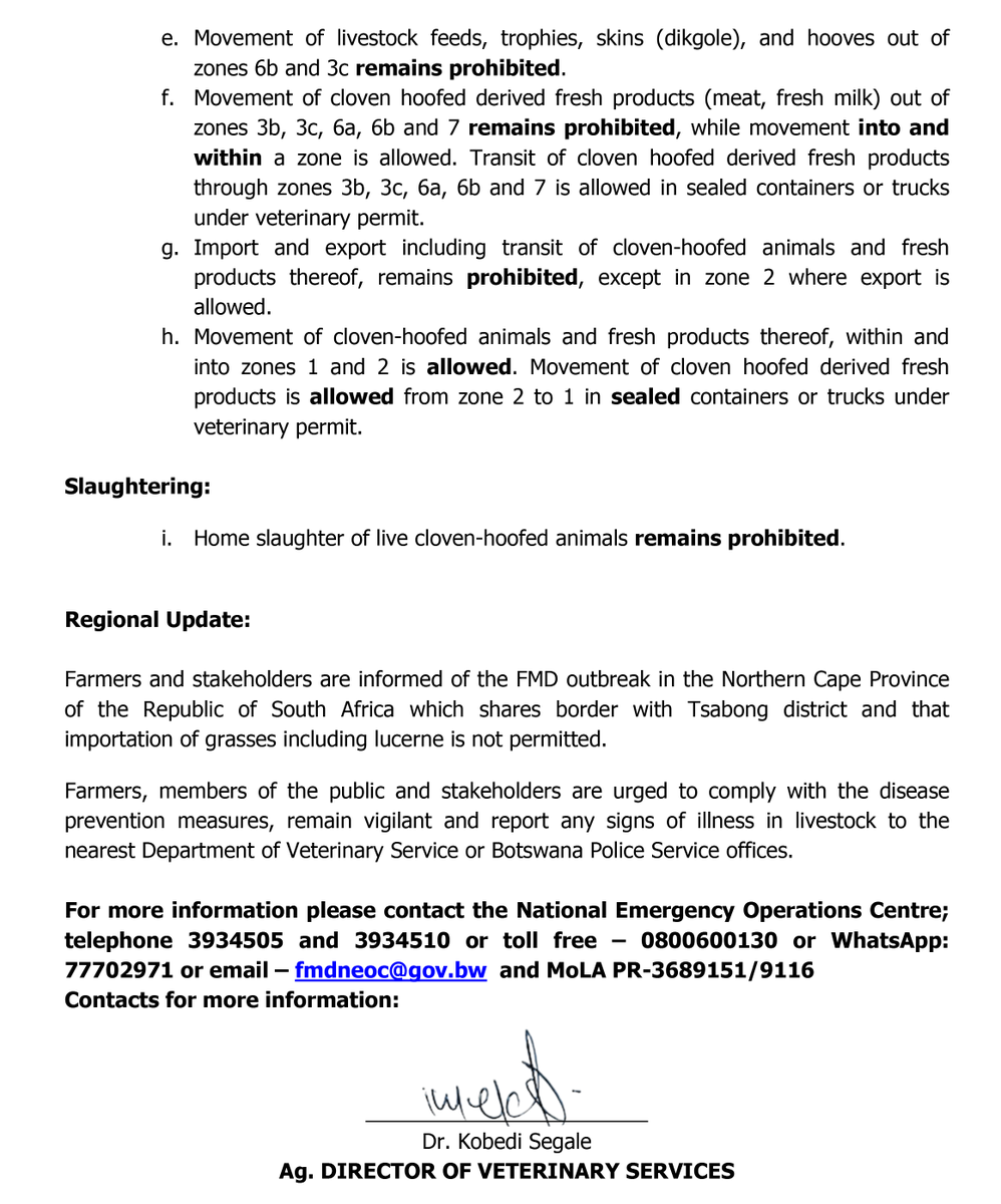 BWGovernment's tweet photo. UPDATE ON THE FOOT AND MOUTH DISEASE OUTBREAK
For more information contact: 3934505 or 3934510
Toll free: 0800600130
WhatsApp: 77702971
Email: fmdneoc@gov.bw https://t.co/gDrZ1qM9vd