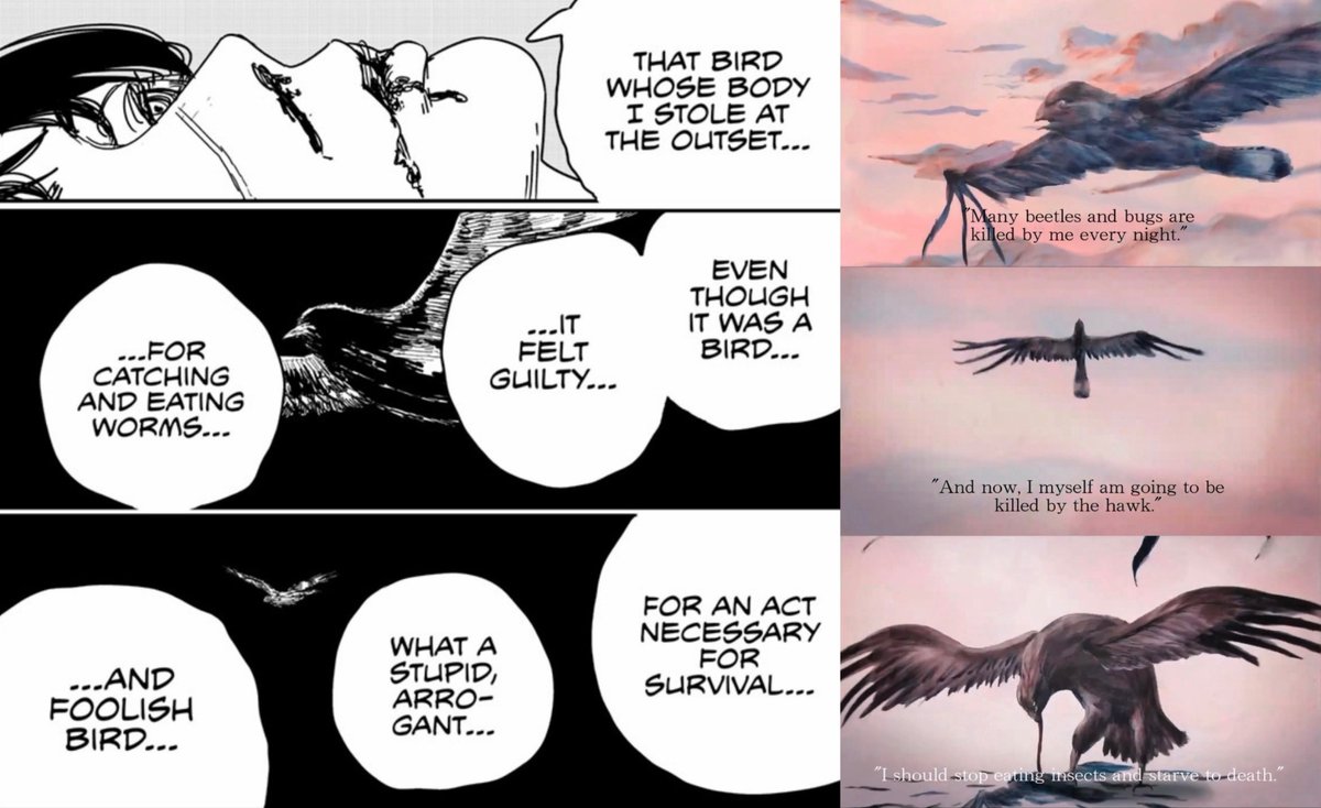 Yoru’s mention of the nightjar she possessed is likely a reference to the short story “The Nighthawk Star” by Kenji Miyazawa. The nightjar in this story also experiences existential guilt over its actions. Fujimoto mentioned this work in the past and found the story quite sad.