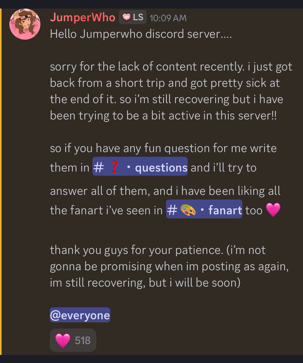 JumperUpdates's tweet photo. Jumper posted a little update on her discord server !! 🩷

you can join her discord and leave her a question or fanart here: https://t.co/sQxcQixKQE ^_^ https://t.co/nx55FSuQw5