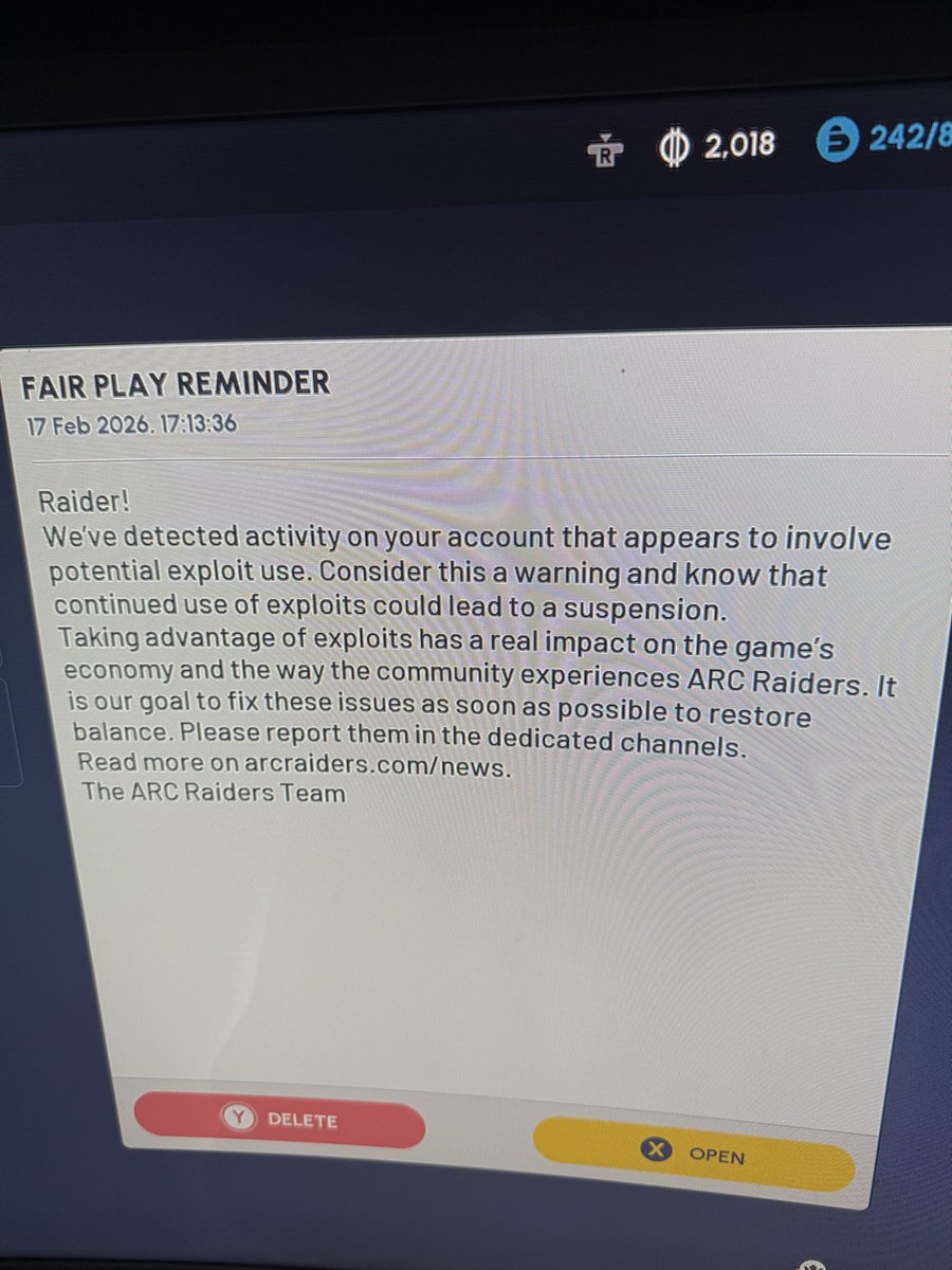 connorhenno's tweet photo. @ARCRaidersGame 
Why is that I get a warning for duplicating a few ducks but never get my stuff back when I go against cheaters on this toxic game. You need to get off your high horse and sort people using cheats  to kill players first https://t.co/bpQvMQ6Uwu