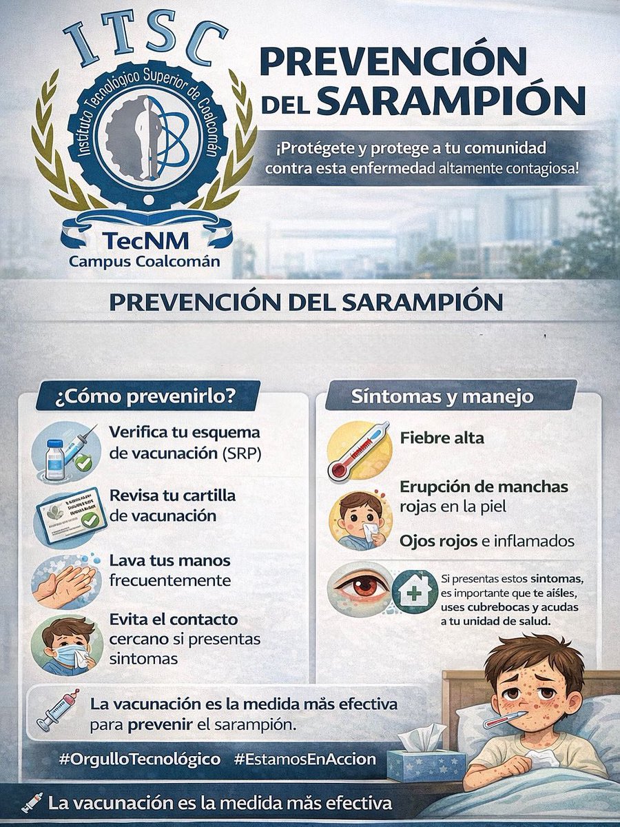 🦠🛡️ PREVENCIÓN DEL SARAMPIÓN
TecNM Campus Coalcomán

En el Tecnológico nos sumamos a las acciones de prevención para proteger la salud de nuestra comunidad estudiantil y del personal.

#TECNMCoalcomán #SaludYPrevención #EstamosEnAccion