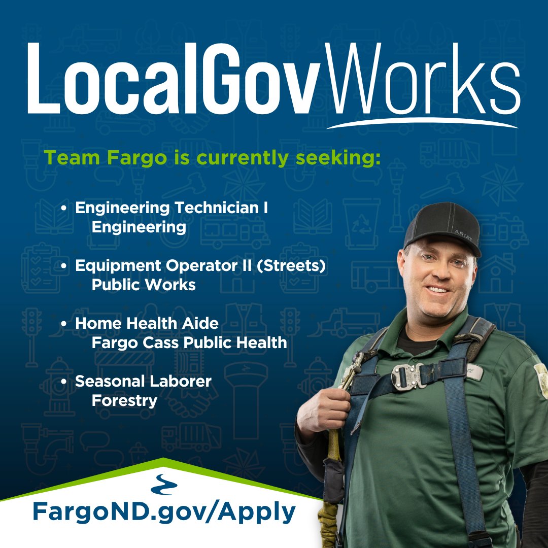 thecityoffargo's tweet photo. Are you looking for a career with purpose and a way to make a real difference in the community?

Join #TeamFargo and be #FarMore than just an employee. Be a public servant, a change-maker and a forward thinker.

Your next opportunity starts at the link in our bio. https://t.co/9zXZL2s23H
