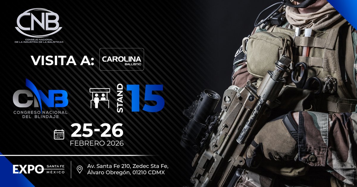 Nuestra empresa asociada CAROLINA BALLISTIC te invita a conocer sus soluciones en materiales balísticos, con los más altos estándares de calidad, innovación y certificación.

🛡️ Visítalos en el Congreso Nacional del Blindaje
25 y 26 de febrero en Expo Santa Fé
📍 Acércate a su