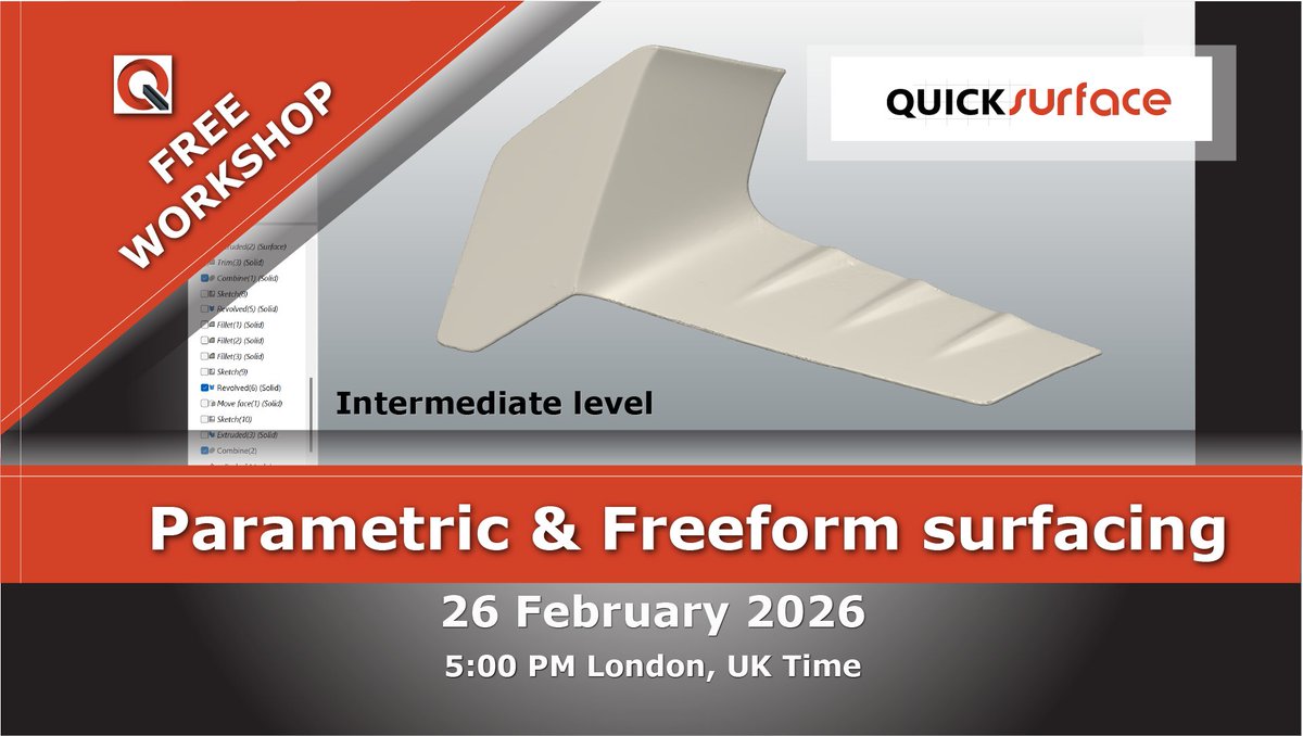 Parametric &amp; Freeform Surfacing with <a href="/quicksurface/">QUICKSURFACE</a> 
FREE Intermediate-Level Workshop.
Register here:
zoom.us/webinar/regist…

#QUICKSURFACE #ReverseEngineering #ScanToCAD #3DScanning #CAD #SurfaceModeling #Engineering #Manufacturing